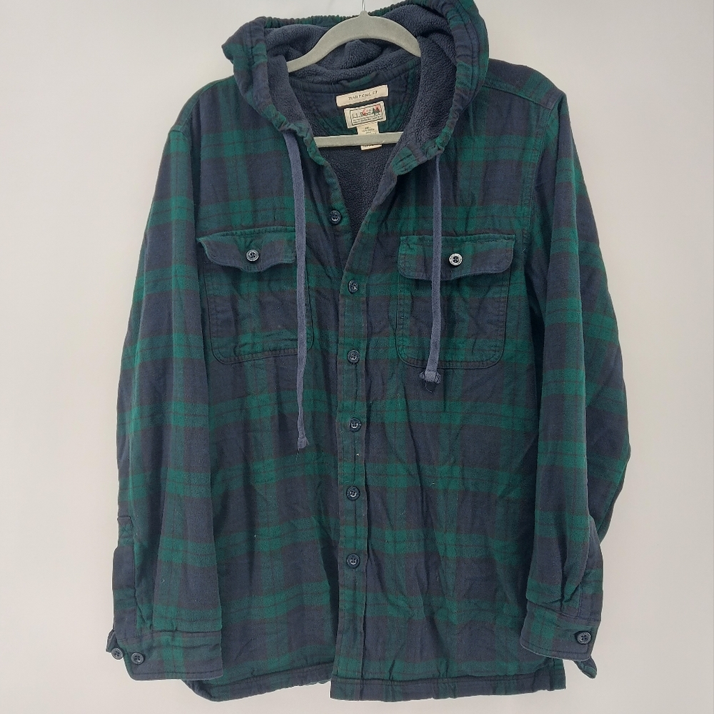 L.L.Bean Plaid Fleece-Lined Flannel Shirt, Traditional Fit, Hooded Green Medium - Picture 3 of 4